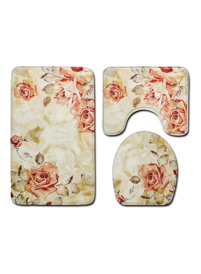3-Piece Floral Printed Bath Mat Set Beige/Pink/Grey - Image 1
