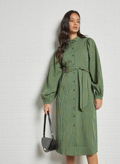Checkered Belted Midi Dress Hunter Green