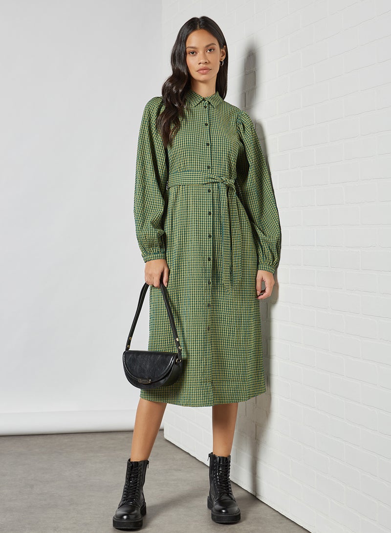 SELECTED FEMME - Checkered Belted Midi Dress Hunter Green - Image 1