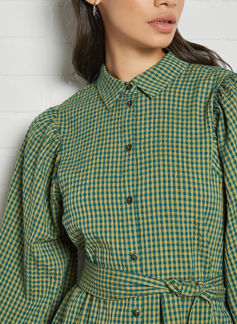 SELECTED FEMME - Checkered Belted Midi Dress Hunter Green - Image 1
