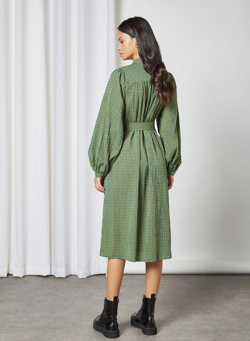SELECTED FEMME - Checkered Belted Midi Dress Hunter Green - Image 1