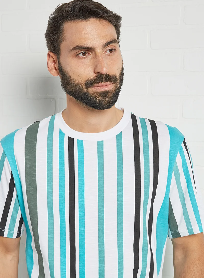 STATE 8 All-Over Stripe T-Shirt Bright Aqua/Grey Stripes