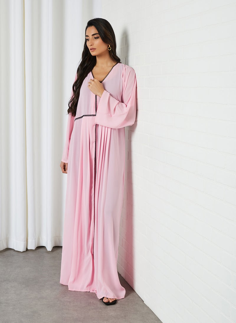 SIVVI for HANIYA - Lace Trim Pleat Detail Abaya Pink - Image 1