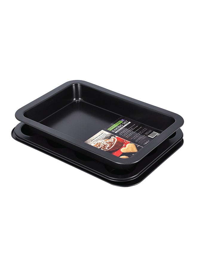 Royalford 3-Piece Baking Set Cookie Sheet 1Pc Size: 37X25.5X1.6 Cm, Thickness: 0.4 Mm 12 Cups Muffin Pan 1Pc Size: 35X26.5X3 Cm, Thickness: 0.4 Mm Roaster Pan 1Pc Size: 34.5X24X4.5 Cm, Thickness: 0.5 Mm Black 37cm  - Image 1