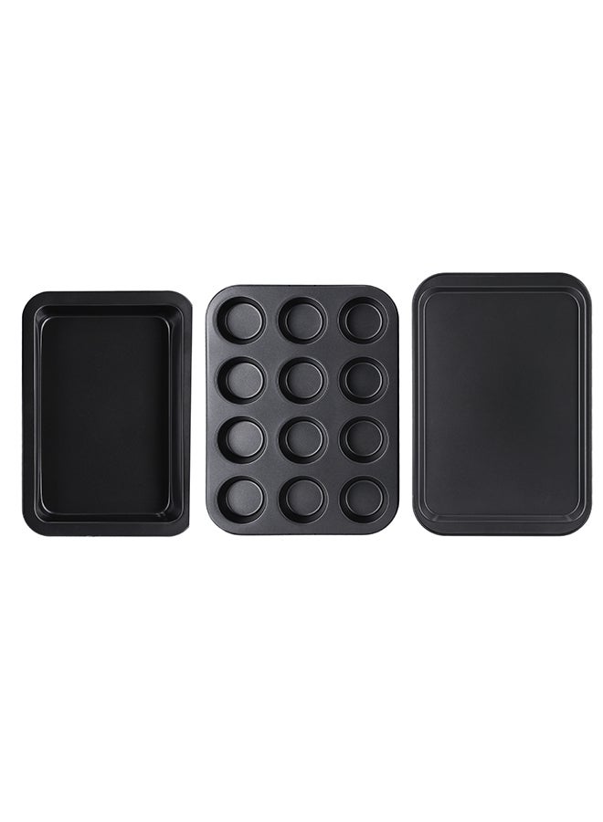 Royalford 3-Piece Baking Set Cookie Sheet 1Pc Size: 37X25.5X1.6 Cm, Thickness: 0.4 Mm 12 Cups Muffin Pan 1Pc Size: 35X26.5X3 Cm, Thickness: 0.4 Mm Roaster Pan 1Pc Size: 34.5X24X4.5 Cm, Thickness: 0.5 Mm Black 37cm  - Image 2