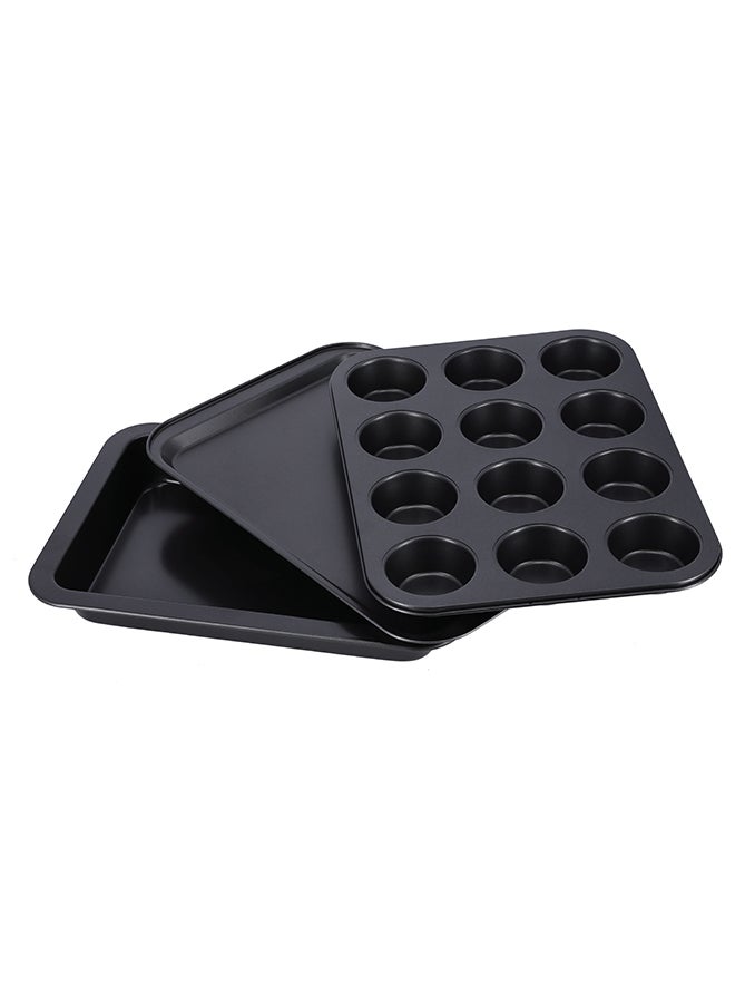Royalford 3-Piece Baking Set Cookie Sheet 1Pc Size: 37X25.5X1.6 Cm, Thickness: 0.4 Mm 12 Cups Muffin Pan 1Pc Size: 35X26.5X3 Cm, Thickness: 0.4 Mm Roaster Pan 1Pc Size: 34.5X24X4.5 Cm, Thickness: 0.5 Mm Black 37cm  - Image 3