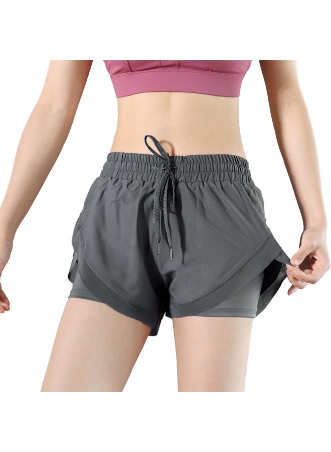 2-In-1 Women High Waist Yoga Shorts Grey  - Image 2
