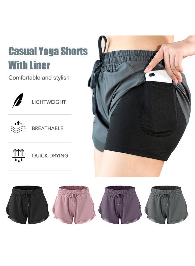2-In-1 Women High Waist Yoga Shorts Dark Green  - Image 4