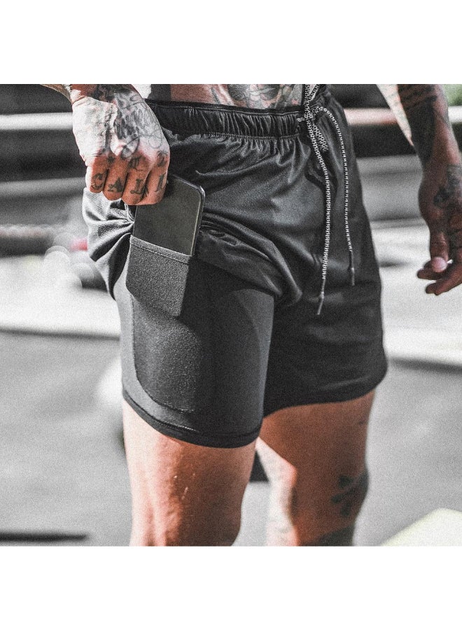 2 In 1 Athletic Running Gym Shorts Black - Image 5