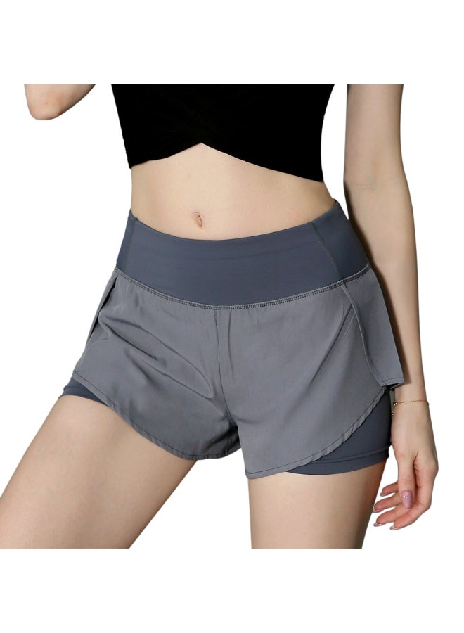2-In-1 Women High Waist Yoga Shorts Grey - Image 1