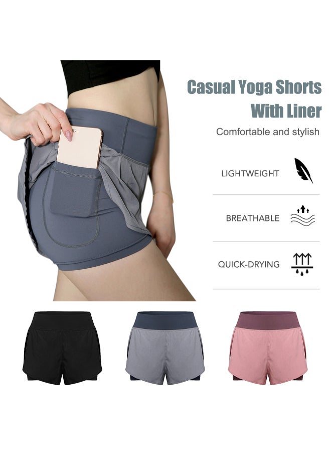 2-In-1 Women High Waist Yoga Shorts Grey - Image 3