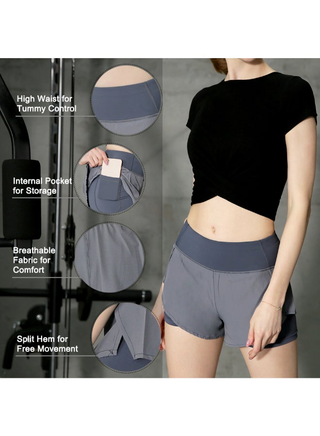 2-In-1 Women High Waist Yoga Shorts Grey - Image 4