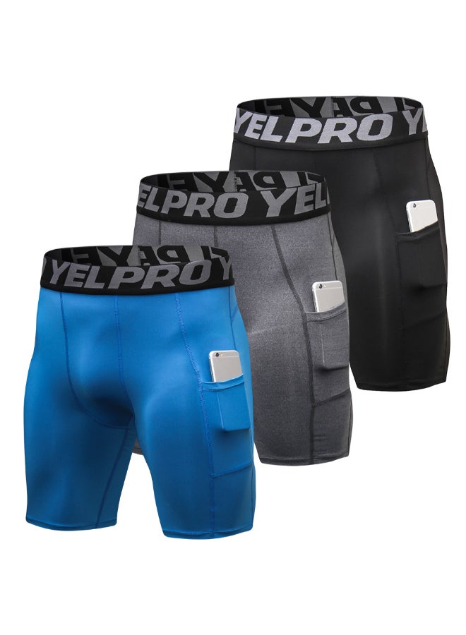 3-Piece Compression Workout Pocket Short Set Light Blue/Grey/Ink Black  - Image 1
