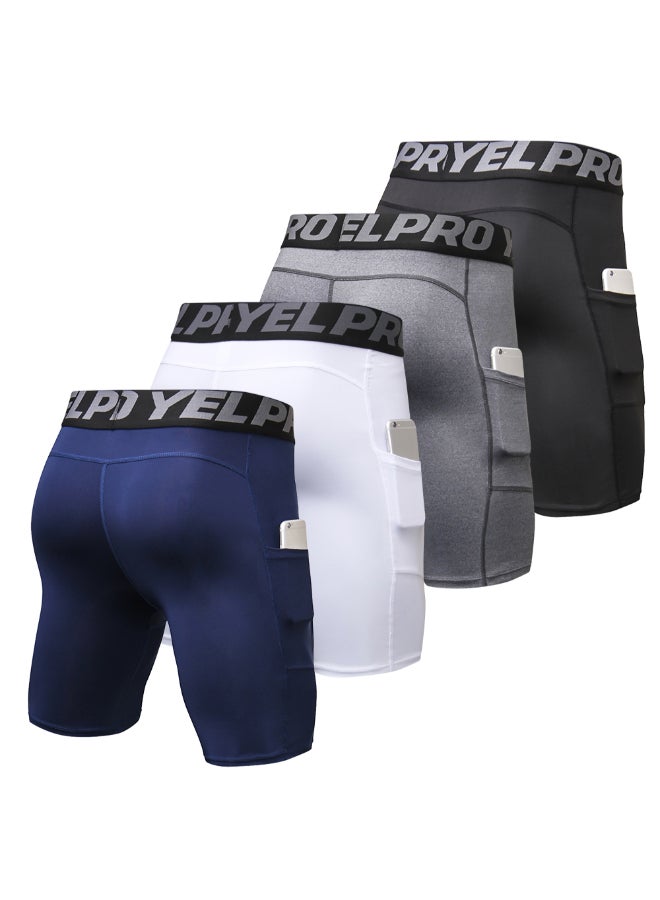 4-Piece Compression Sport Pocket Shorts Set Dark Blue/Grey/Black/White  - Image 2