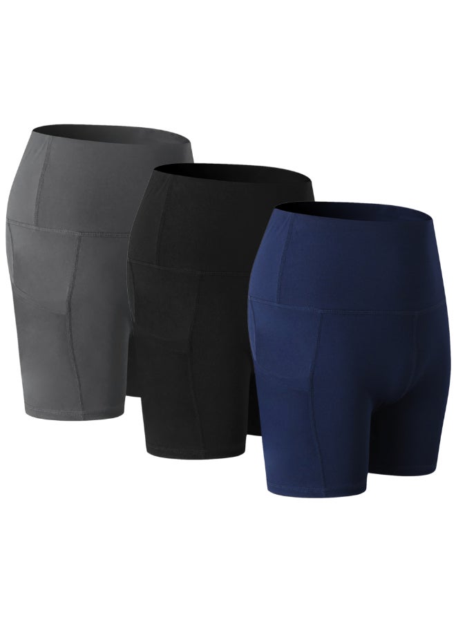3-Piece Sport High Waist Compression Pocket Shorts Set Black/Grey/Dark Blue  - Image 1