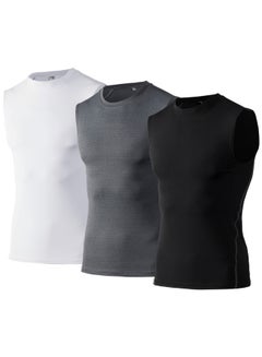 Generic 3-Piece Compression Workout Sleeveless Vest Set Black/White/Grey  - Image 1