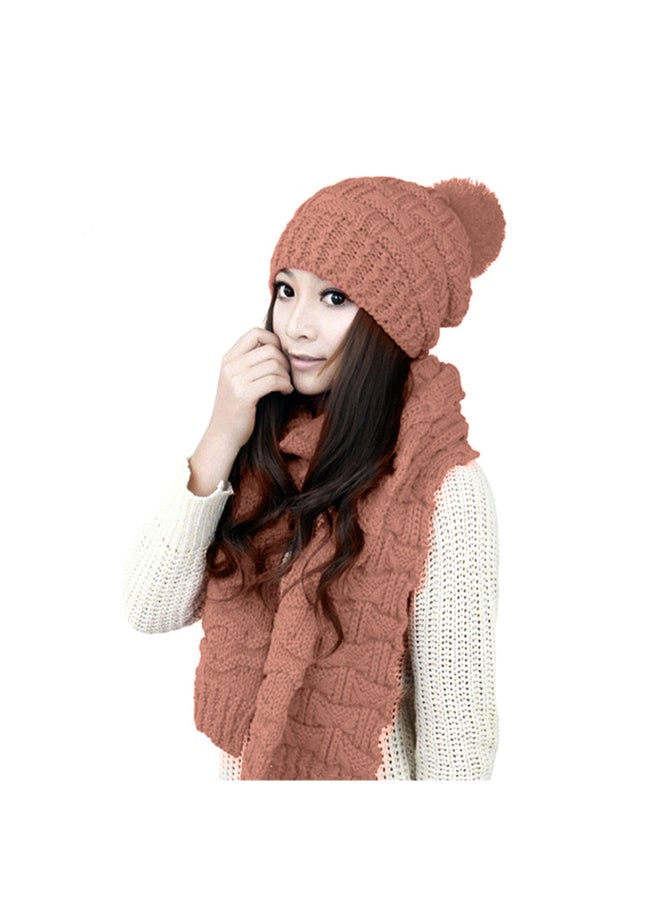 2-Piece Knitted Sweater Scarf And Cap Set Beige - Image 1