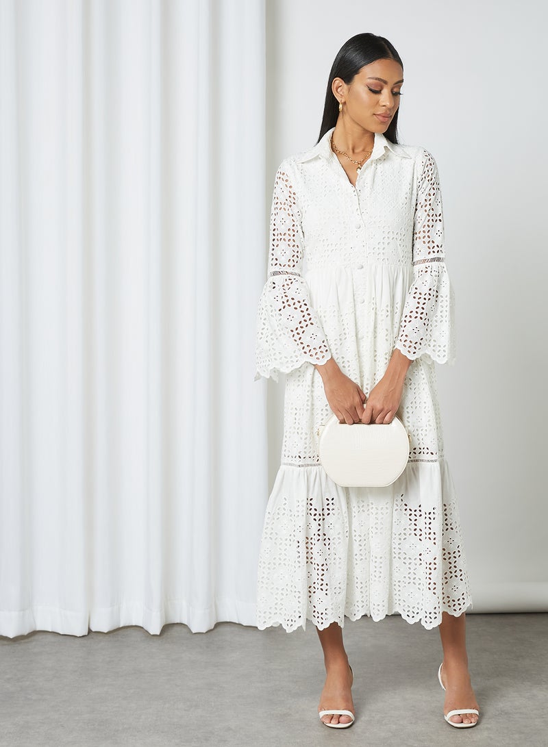 Threadz by Ajooni Schiffli Shirt Dress Off White - Image 3