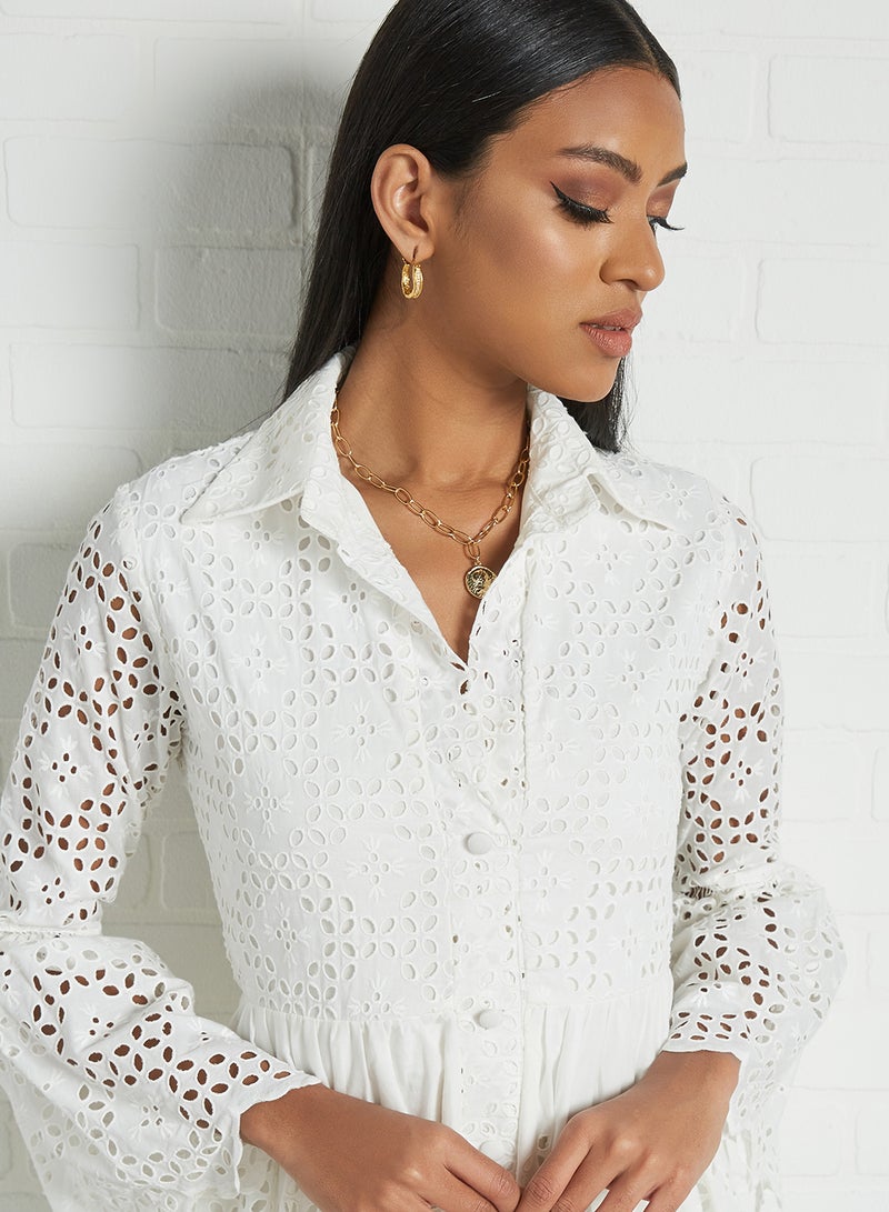 Threadz by Ajooni Schiffli Shirt Dress Off White - Image 4