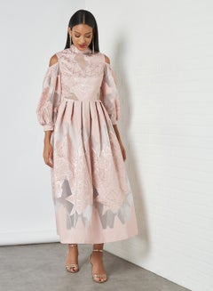 Threadz by Ajooni Cold Shoulder Jacquard Midi Dress Pink  - Image 1