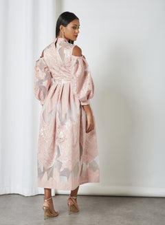Threadz by Ajooni Cold Shoulder Jacquard Midi Dress Pink  - Image 2