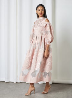 Threadz by Ajooni Cold Shoulder Jacquard Midi Dress Pink  - Image 3
