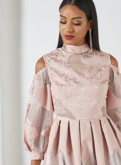 Threadz by Ajooni Cold Shoulder Jacquard Midi Dress Pink  - Image 4