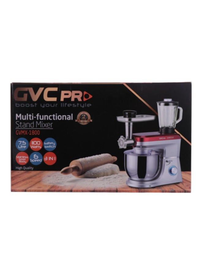 جي في سي برو - خلاط قائم متعدد الوظائف 3 في 1 7.5 L 1100 W GVMX-1800RD-SL فضي / أحمر - Image 1