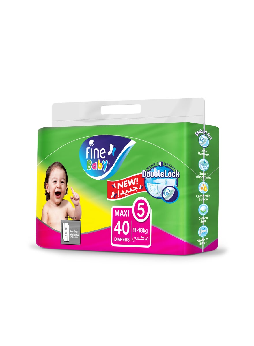 Fine Baby Double Lock Maxi Diapers, Jumbo Pack, Size 5 (11-18 Kgs), 40 Count