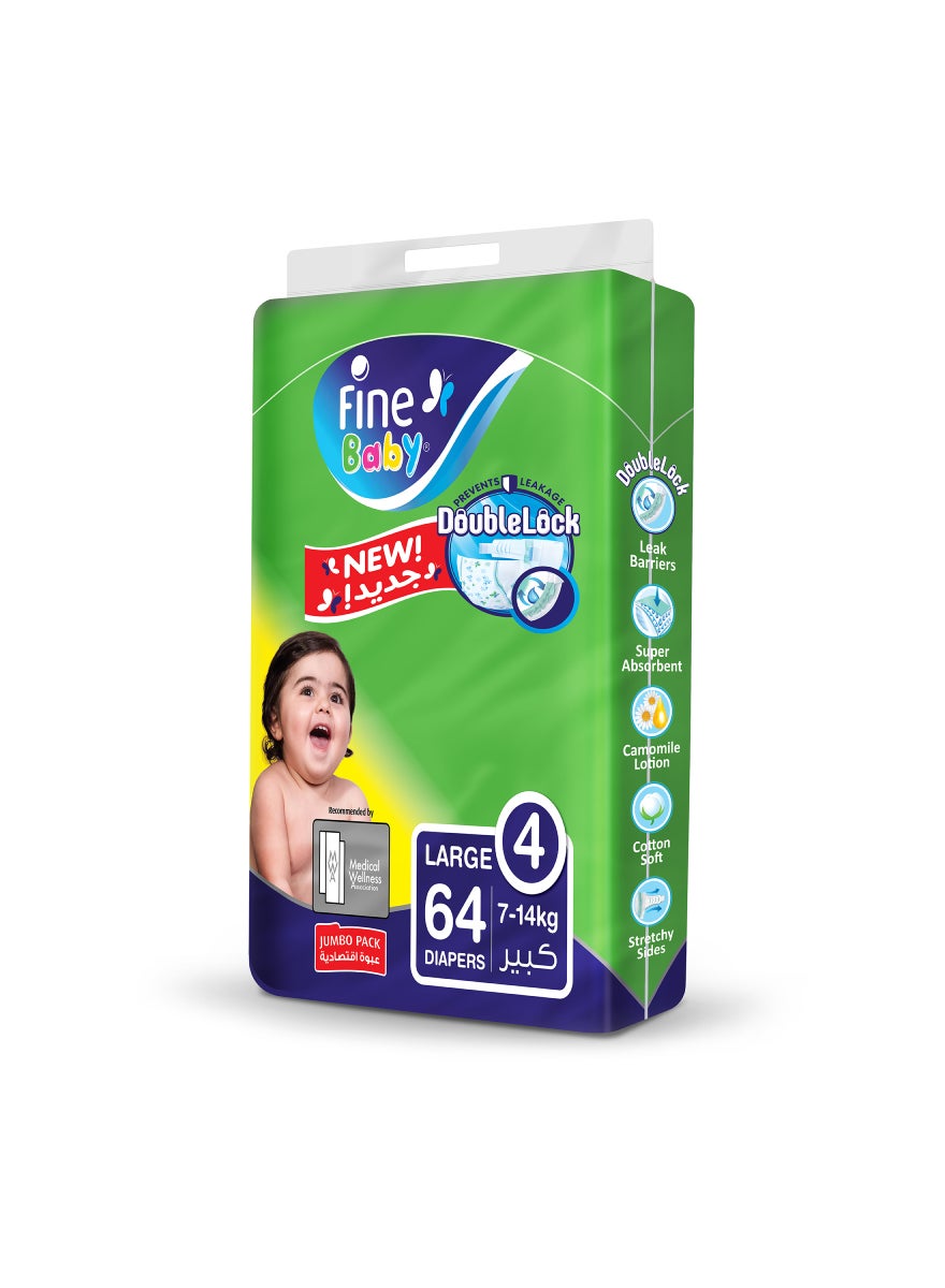 Fine Baby Double Lock Diapers, Size 4, Large 7-14 Kg, 64 Count