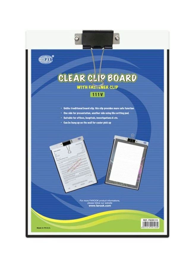 FIS A4 Clip Board With Fastener Clip Clear
