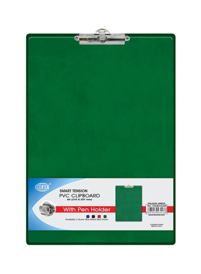 إف اي أس  لوح مزود بمشبك ضغط ذكي للأوراق مصنوع من مادة من بلاستيك بي في سي مع حامل أقلام أخضر/فضي