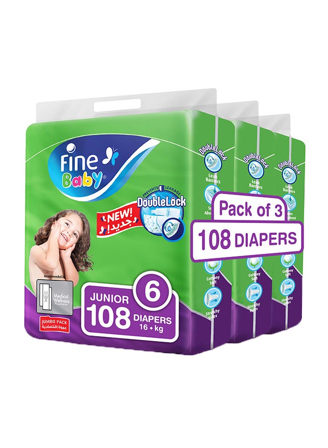 Fine Baby Diapers, Doublelock Technology , Size 6, Junior 16Kg +, Jumbo Pack 108 Diaper Count