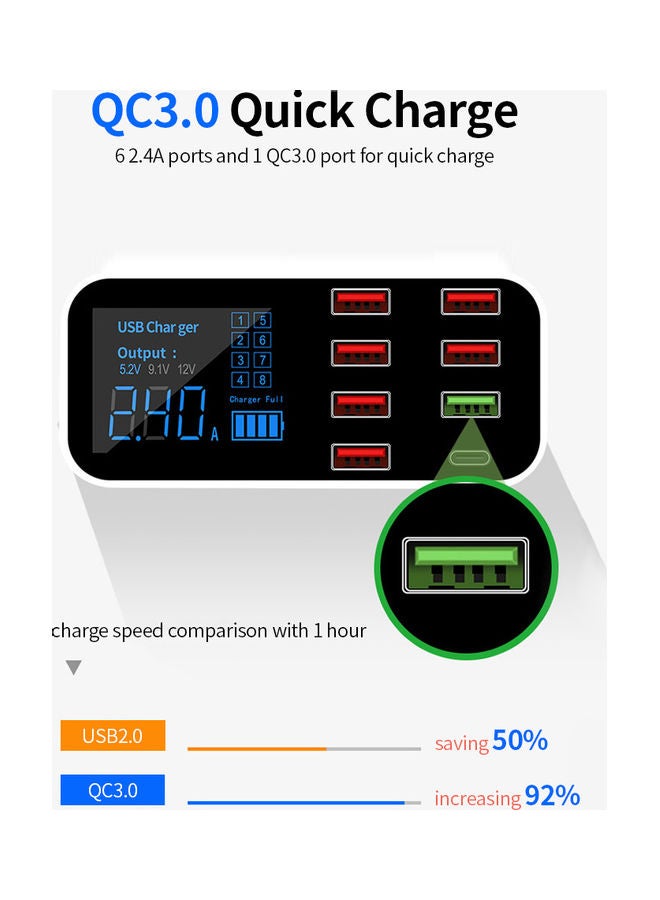 Generic - 8 Port Charger With LED Display Type-C White/Black - Image 1