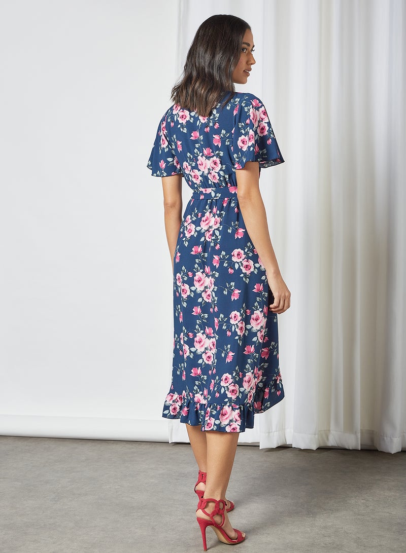 MELA LONDON Floral Print Midi Wrap Dress Navy - Image 2