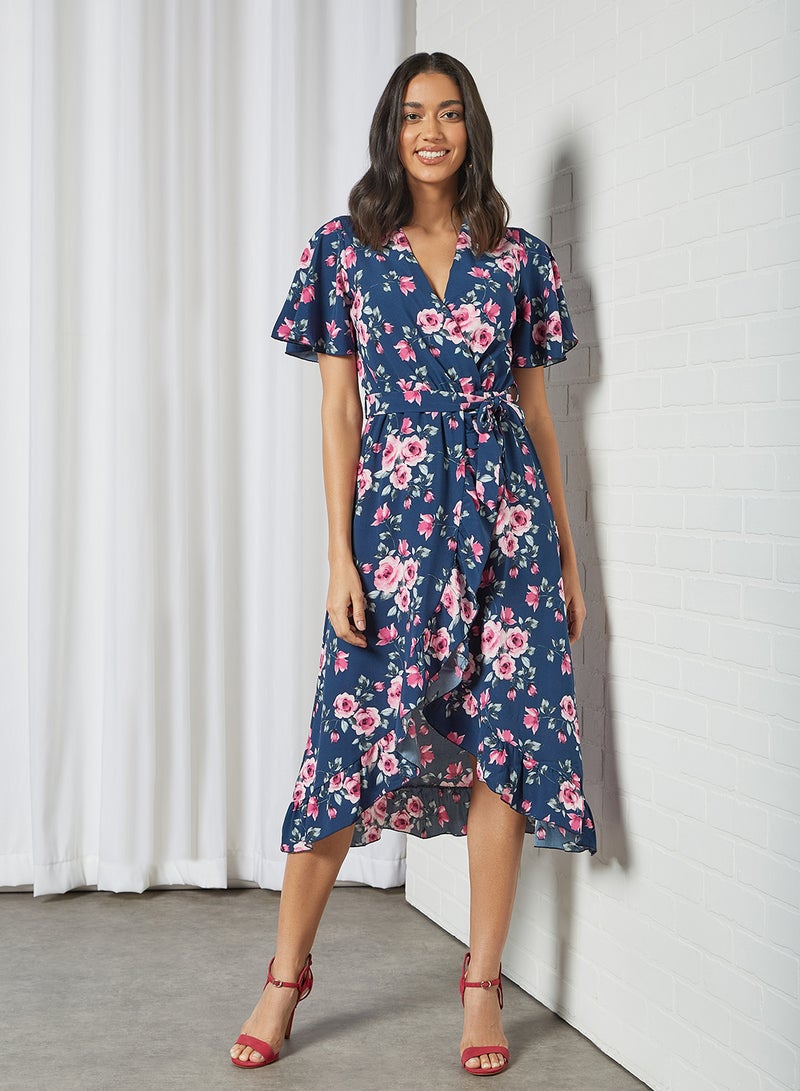 MELA LONDON Floral Print Midi Wrap Dress Navy - Image 3