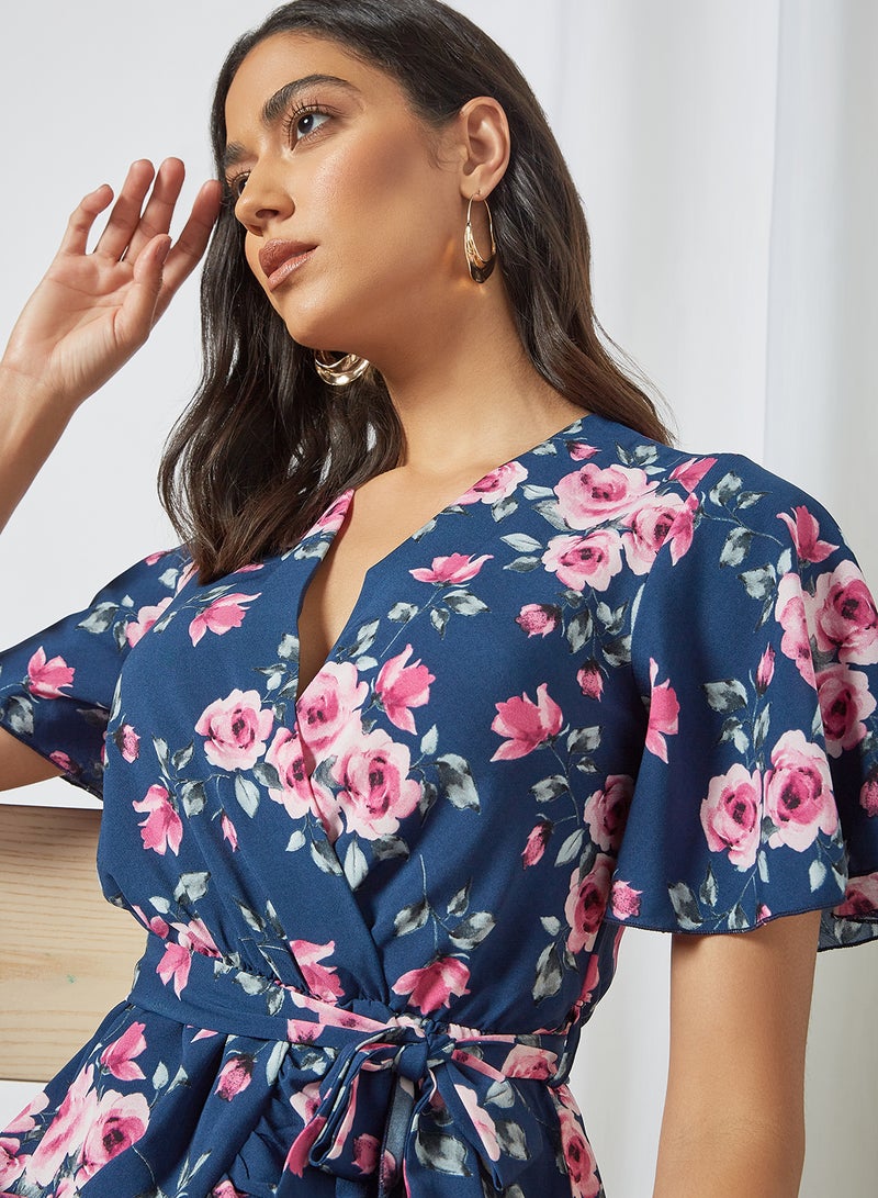 MELA LONDON Floral Print Midi Wrap Dress Navy - Image 4