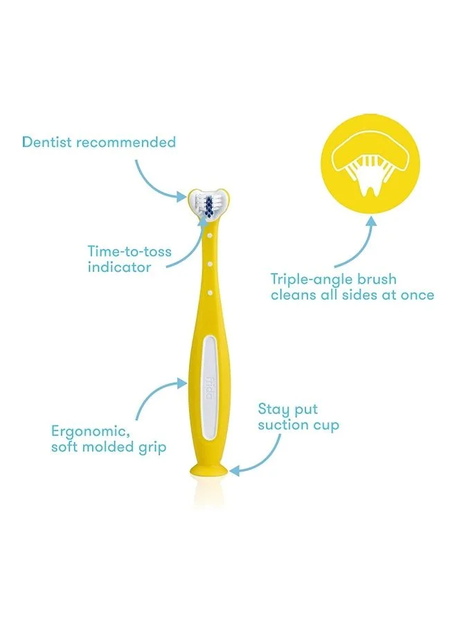 fridababy Triple-Angle Toothhugger Training Toothbrush – Toddler Oral Care, Soft Bristles, 3-Sided Cleaning, Easy Grip, Suction Base, Blue Bristles Fade for Replacement Reminder