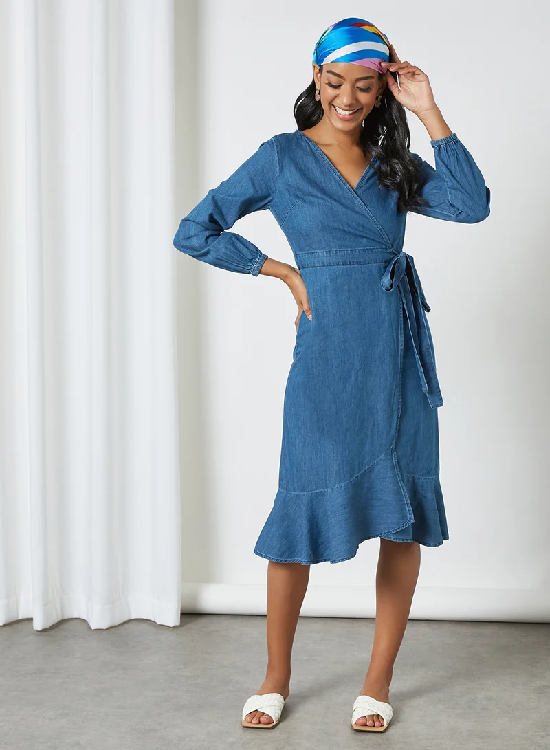 Yumi Denim Wrap Dress Blue