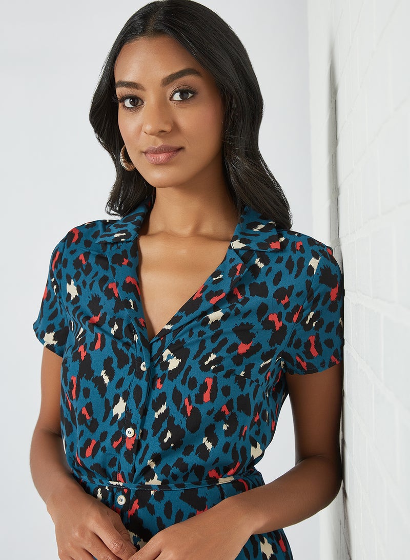 Yumi - Animal Print Shirt Dress Blue - Image 1