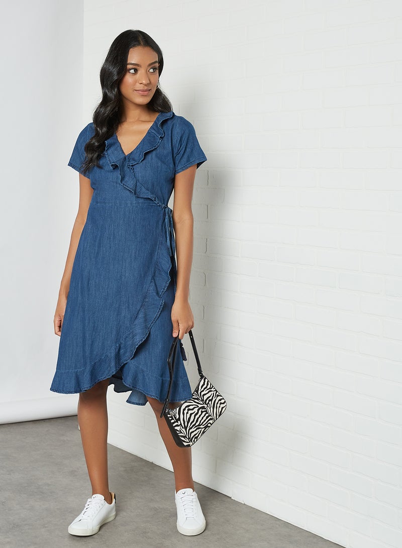 Yumi - Ruffled Trim Denim Dress Blue - Image 1