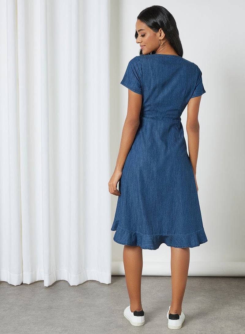 Yumi - Ruffled Trim Denim Dress Blue - Image 1
