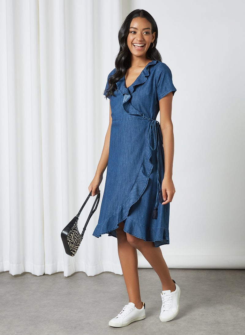 Yumi - Ruffled Trim Denim Dress Blue - Image 1