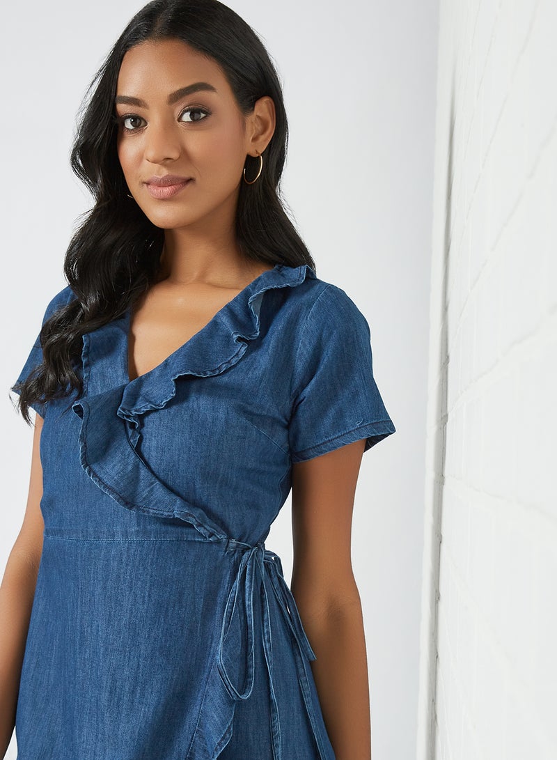 Yumi - Ruffled Trim Denim Dress Blue - Image 1