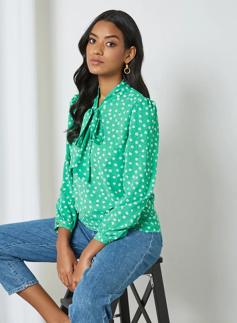 Yumi Floral Print Puff Sleeve Blouse Green