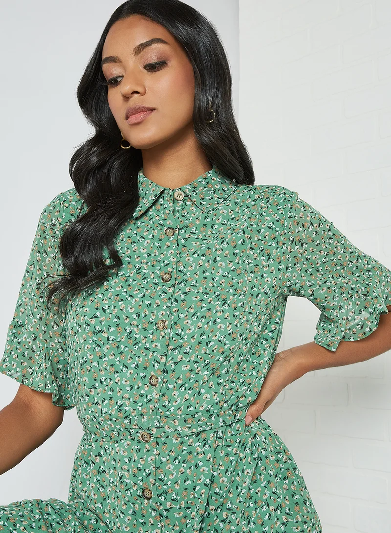 Yumi Ditsy Print Frill Sleeve Shirt Dress Green
