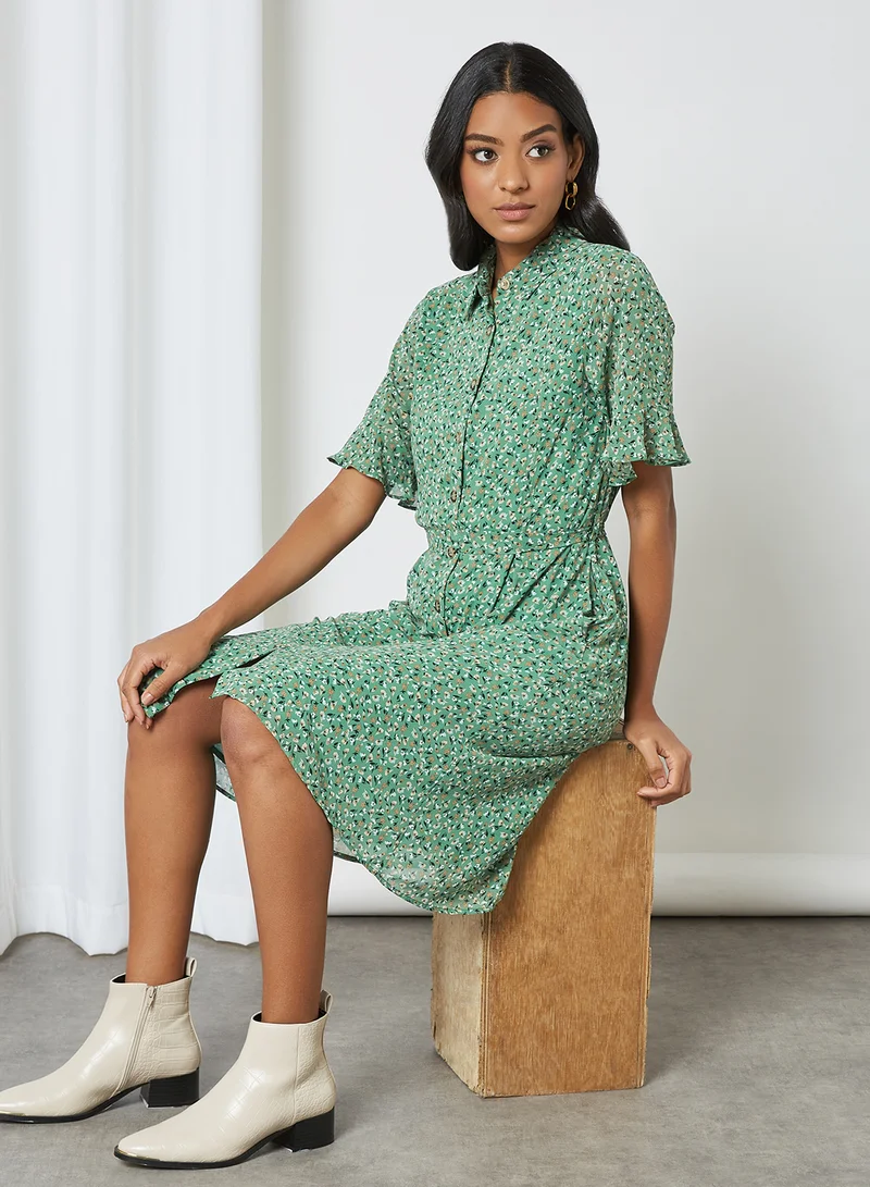 Yumi Ditsy Print Frill Sleeve Shirt Dress Green