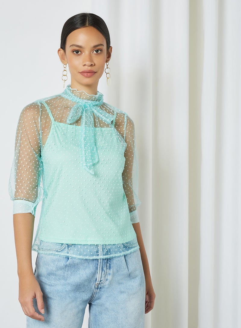 Aila High Neck Belt Detail Top Green  - Image 1