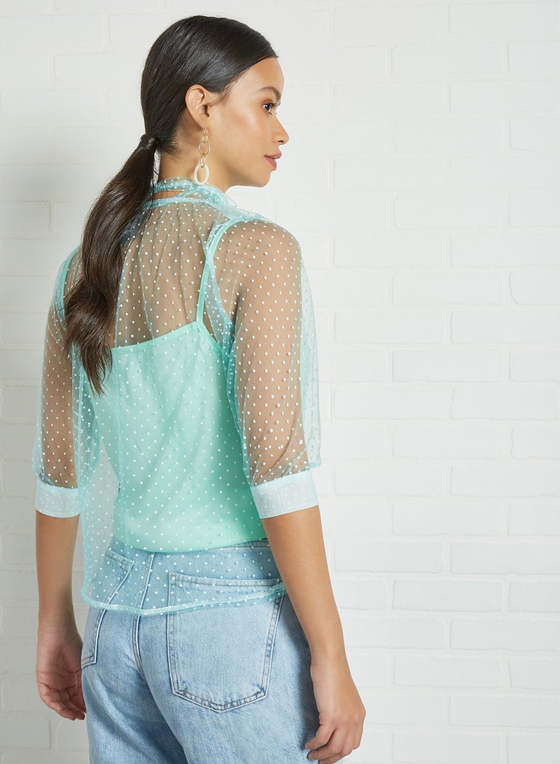 Aila High Neck Belt Detail Top Green  - Image 2