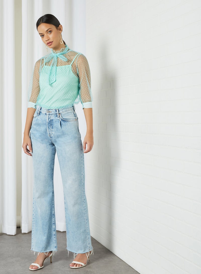 Aila High Neck Belt Detail Top Green  - Image 3
